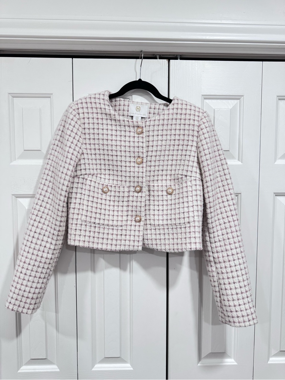 House of Harlow 1960 Cropped Tweed Blazer in Light Pink Check